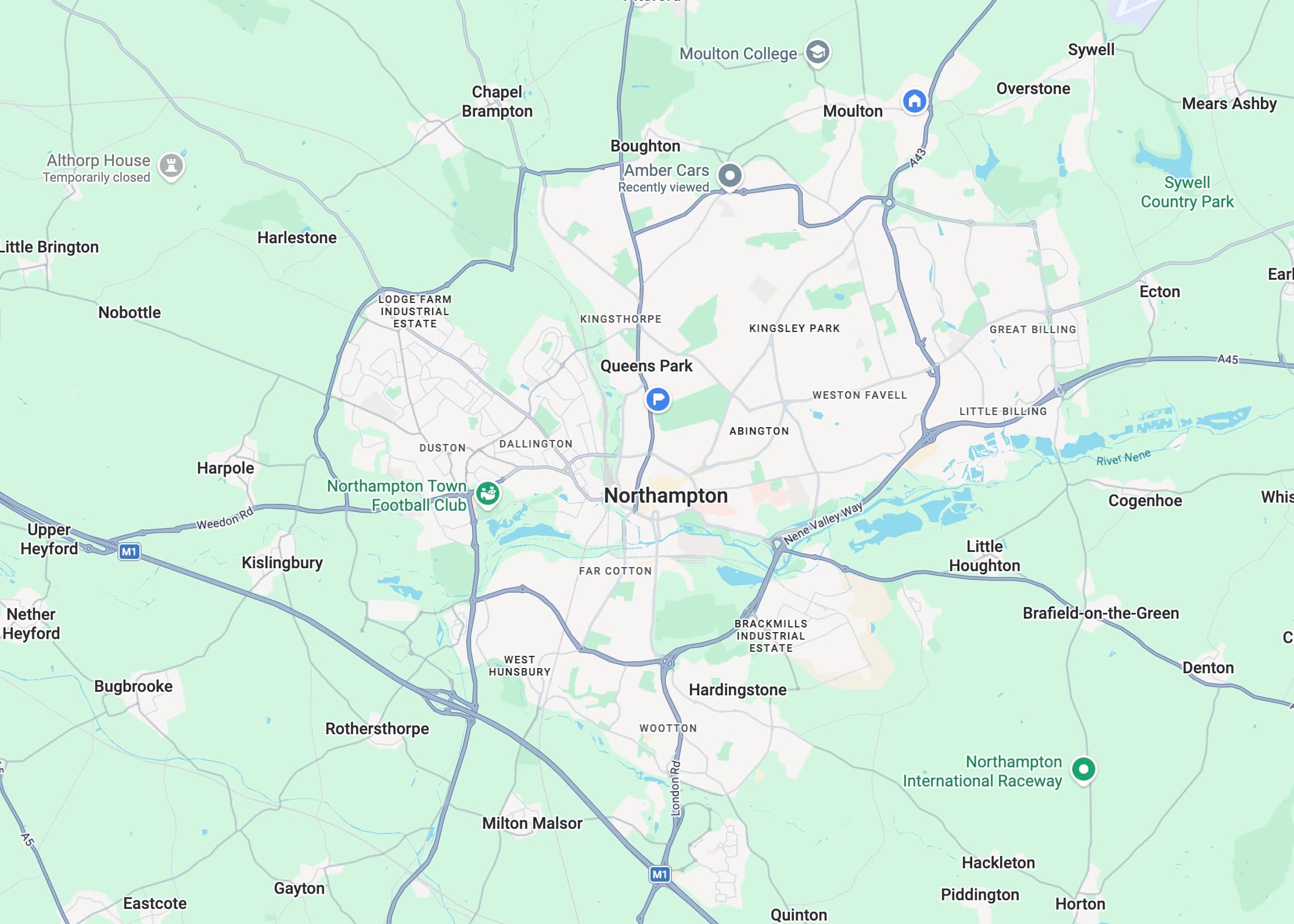 Map showing the Amber Cars office area in Northampton